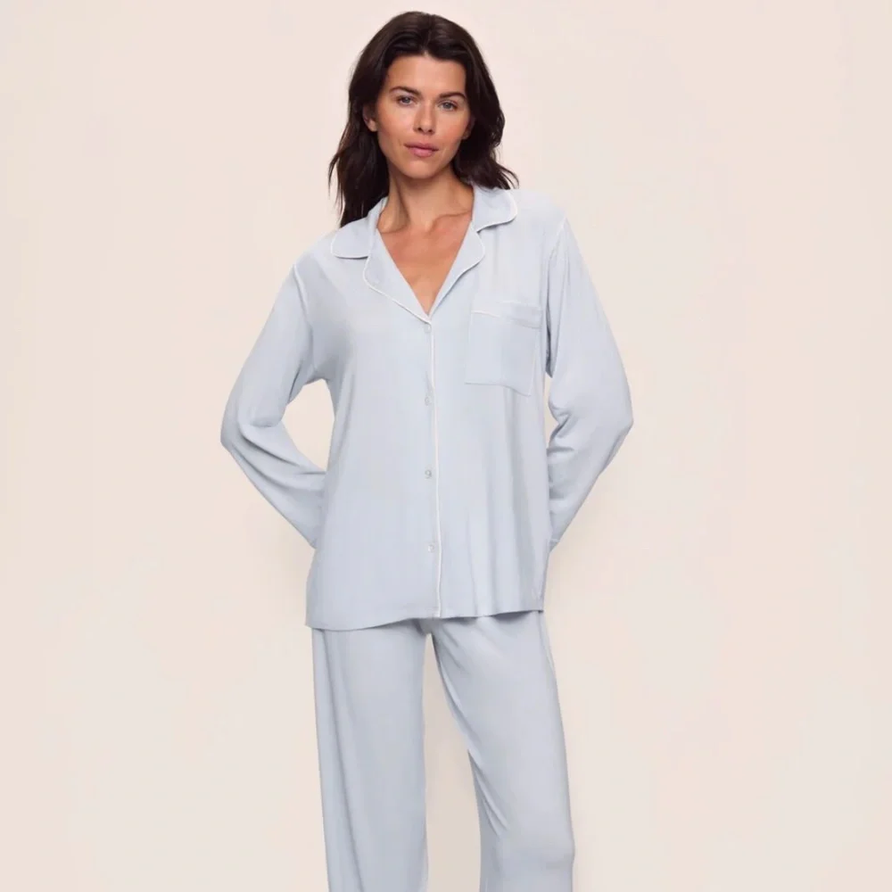 Eberjey Gisele Long PJ Set in Ice Blue & Ivory TENCEL Modal - Picture 1 of 9